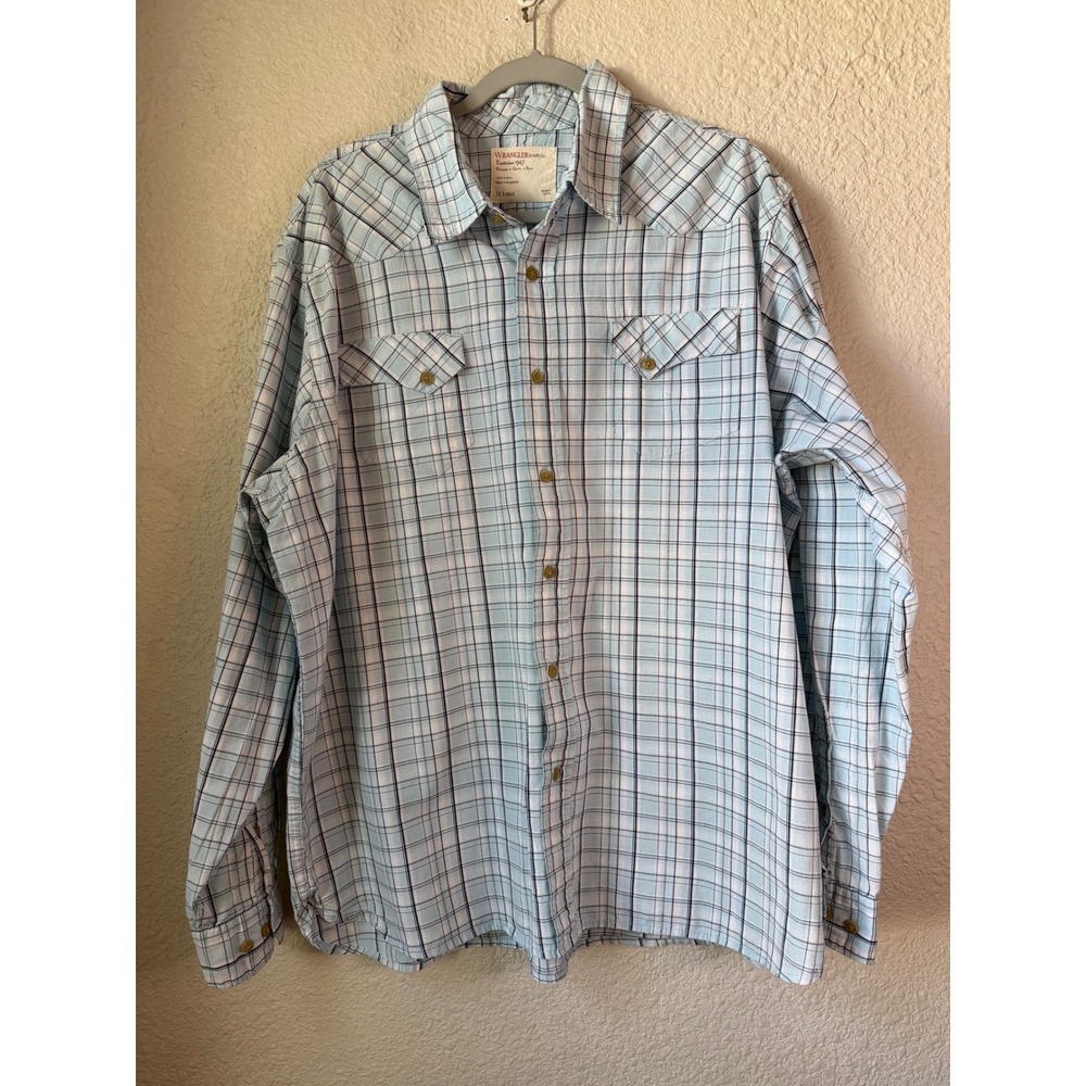 Y2K Wrangler Jeans Co‎ Plaid Long Sleeve Western Shirt Mens 2X Large Blue White